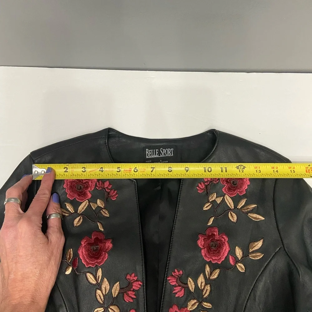 BELLE SPORT Womens Black Leather Jacket Blazer Floral Embroidery Throughout S - Picture 9 of 17